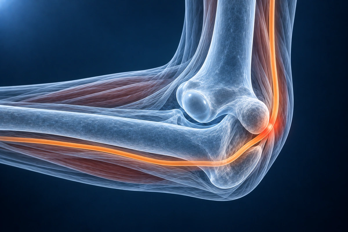 İç dirsek çiziminde kemiğin arkasından dönen ulnar sinir vurgulanır