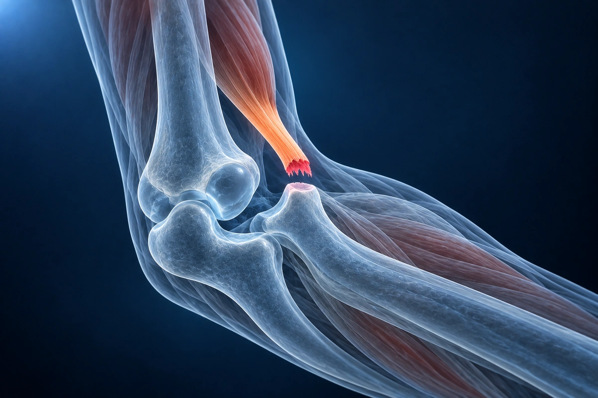 Illustration of the elbow with a visible gap at the highlighted distal biceps tendon attachment