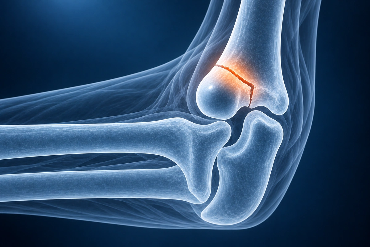 Dirsek çiziminde alt humerus kemiğindeki kırık çizgisi vurgulanır