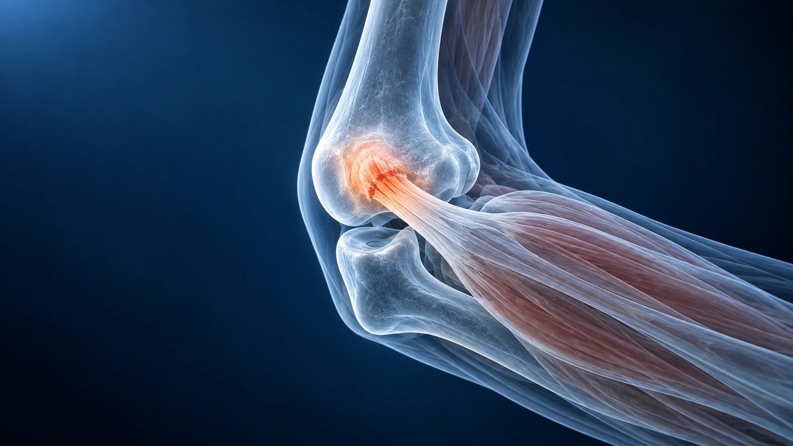 Glass elbow from the outer side with the ECRB tendon origin at the lateral epicondyle glowing and frayed