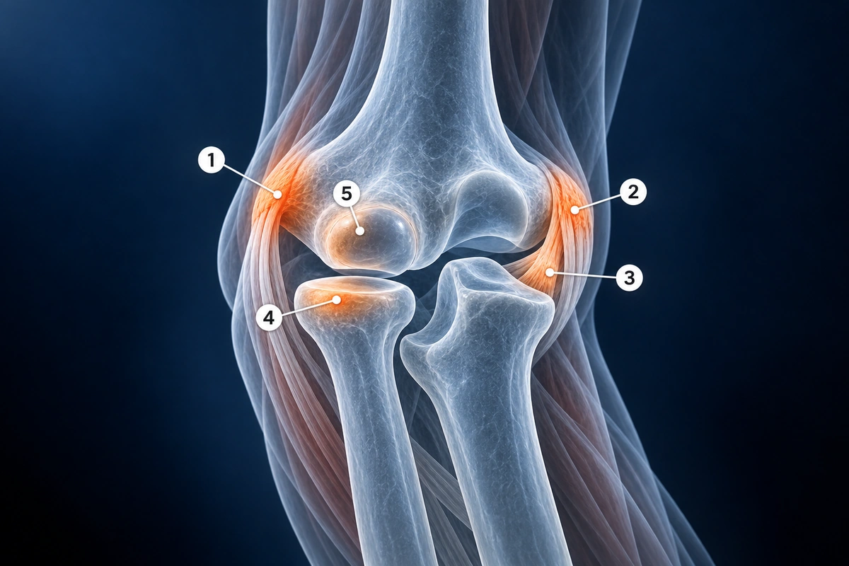 Map of common elbow injury sites: tennis and golfer's elbow tendons, UCL, radial head and capitellum