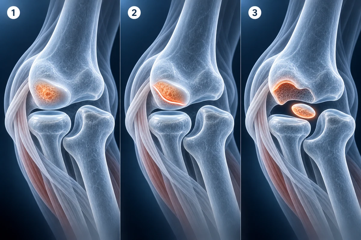 Three capitellar OCD stages on elbow MRI: stable, unstable with a fluid line, and detached loose body