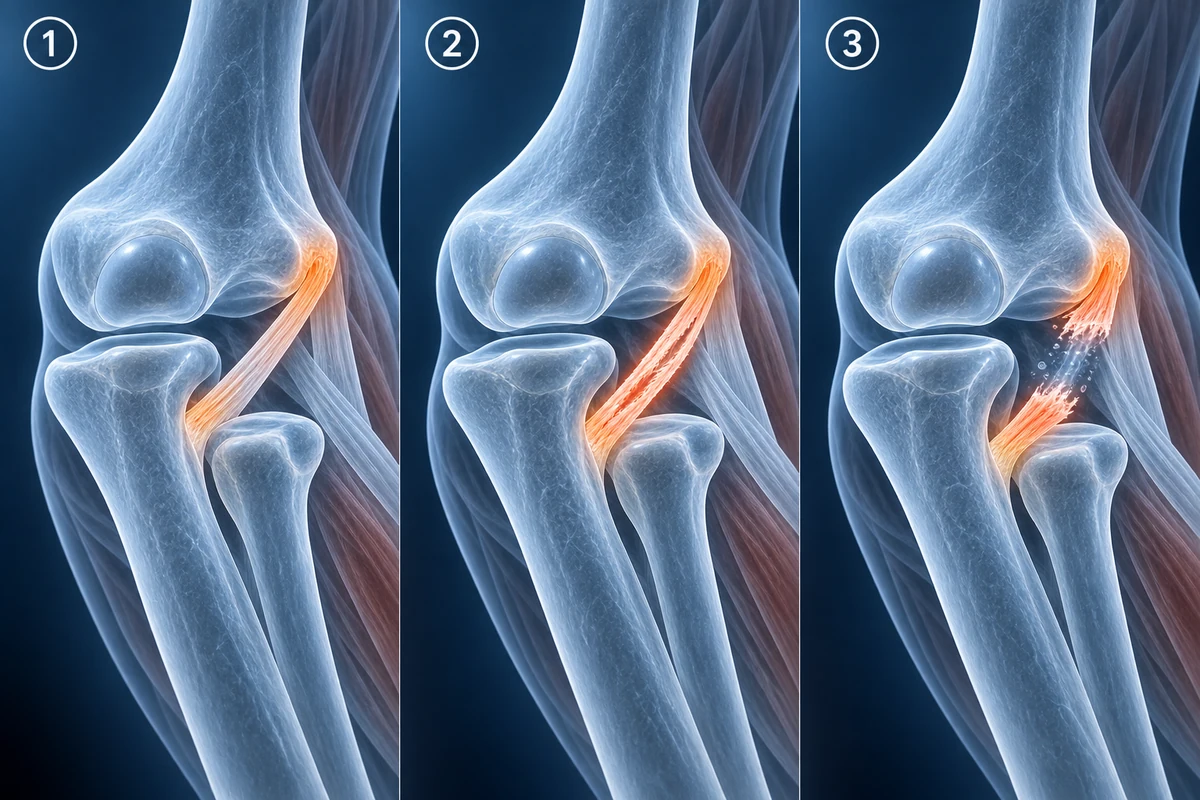Three UCL appearances on coronal elbow MRI: normal taut band, partial tear, complete tear