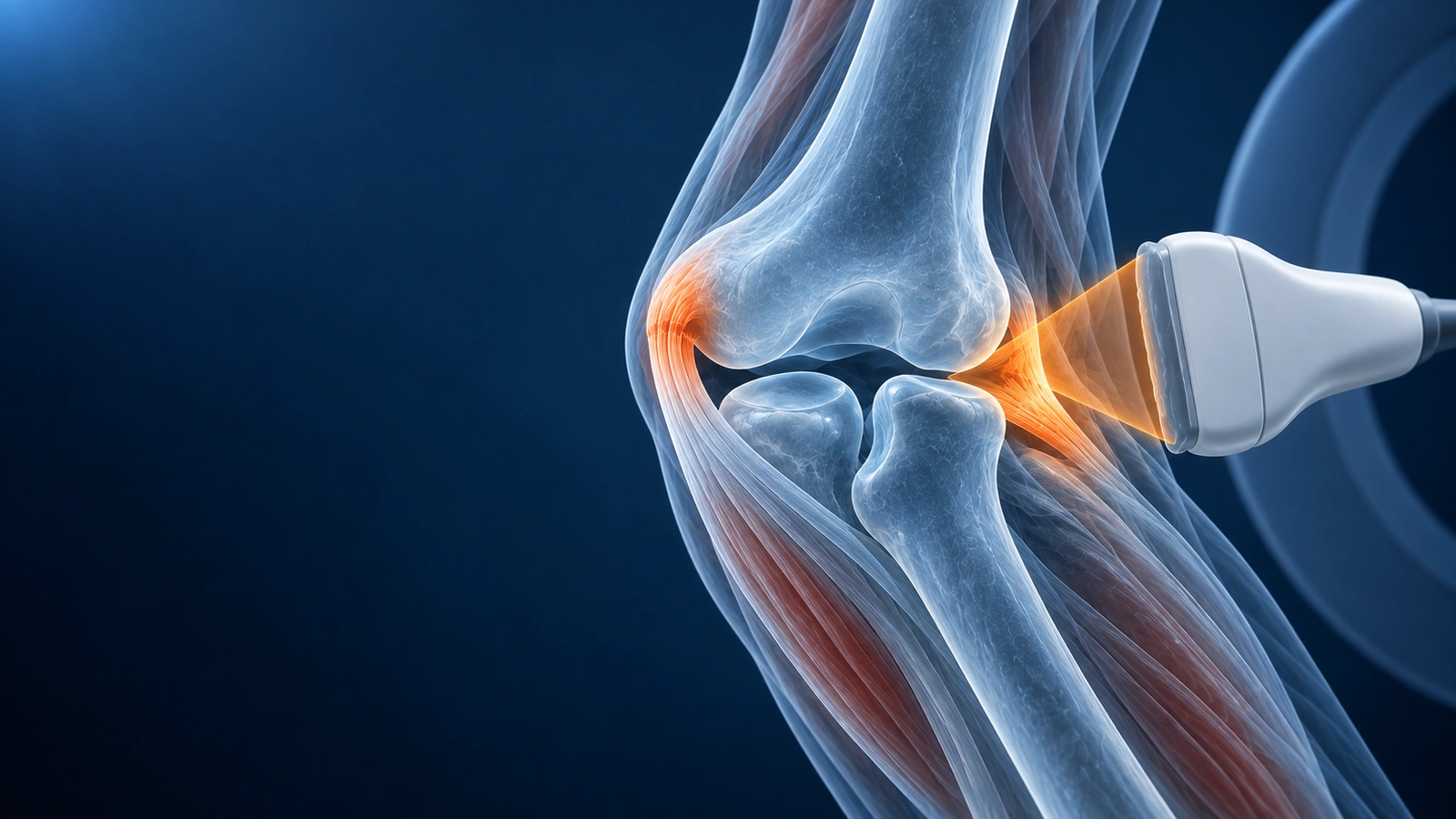 Glass elbow with an ultrasound probe on the inner side and a faint MRI scanner ring behind it