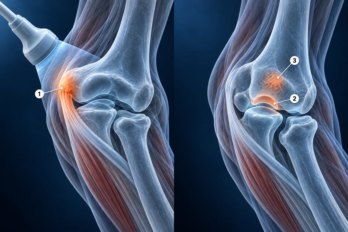 Ultrasound reaching only surface elbow tendons beside MRI showing deep capitellar cartilage and marrow edema
