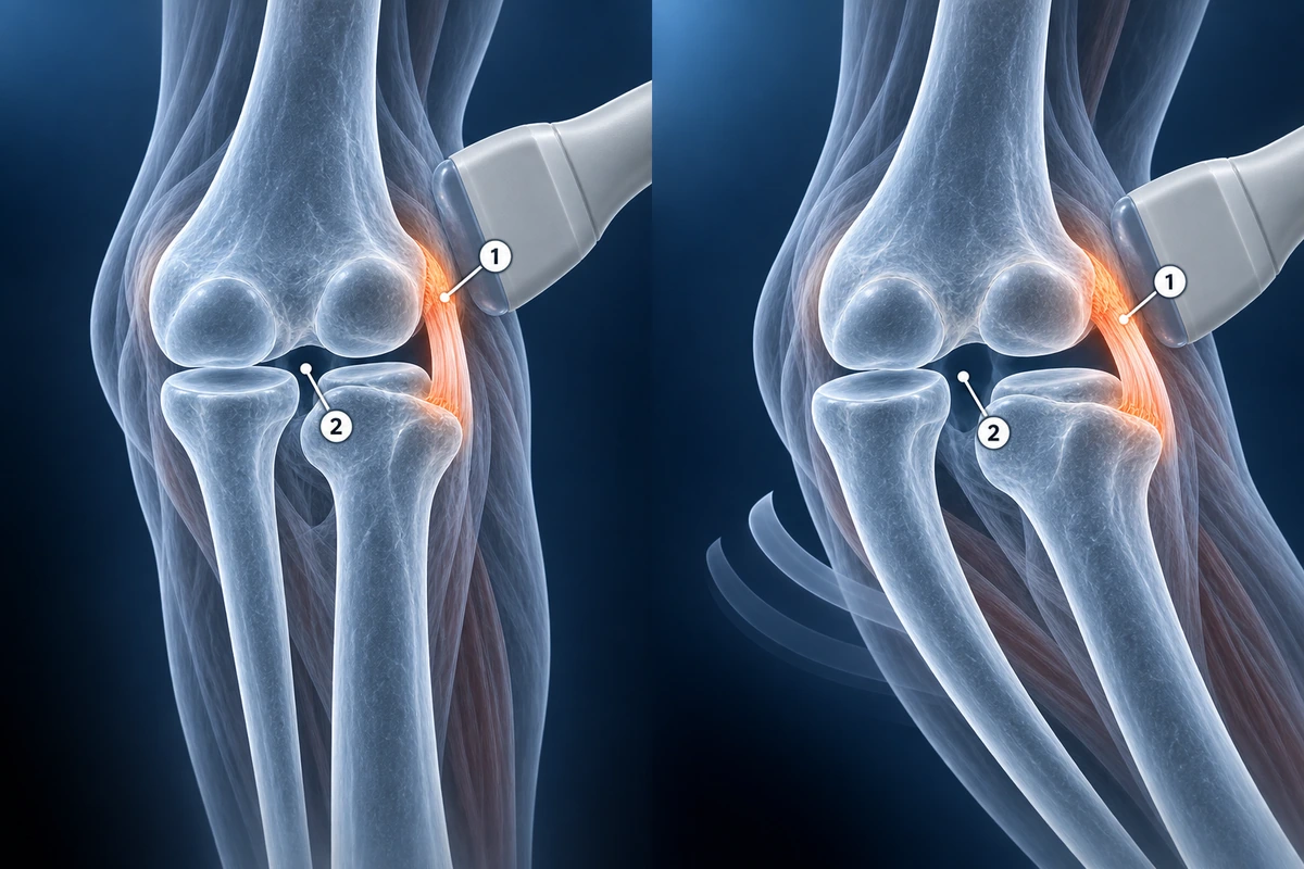 Ultrasound valgus stress test of the elbow showing the inner joint space widening under load